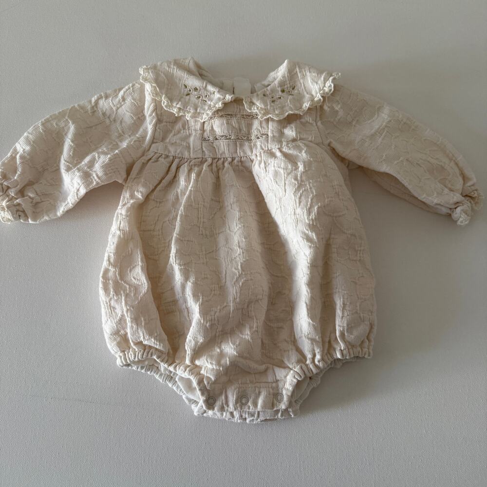 MINKMUI | Cream Brocade Long Sleeve Baby One Piece 12 MO Christening Baptism